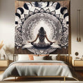 Ambesonne Mandala Tapestry Queen Size, Meditating Lady with Ethnic Florals and Lunar Phases Frame Rustic, Wall Hanging Bedspread Bed Cover Wall Decor, 88" X 88", Cocoa Charcoal Grey White