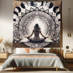 Ambesonne Mandala Tapestry Queen Size, Meditating Lady with Ethnic Florals and Lunar Phases Frame Rustic, Wall Hanging Bedspread Bed Cover Wall Decor, 88" X 88", Cocoa Charcoal Grey White