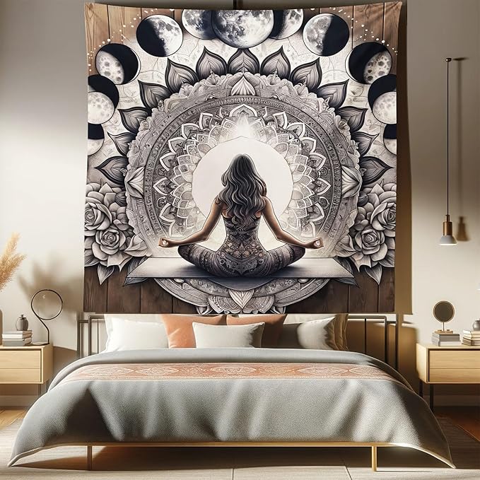 Ambesonne Mandala Tapestry Queen Size, Meditating Lady with Ethnic Florals and Lunar Phases Frame Rustic, Wall Hanging Bedspread Bed Cover Wall Decor, 88" X 88", Cocoa Charcoal Grey White