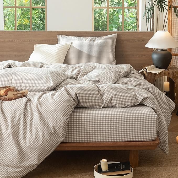 MooMee Gingham Duvet Cover Set 100% Washed Cotton Linen Like Textured Breathable Durable Soft Comfy Modern Checkered Design (Mini Gingham Tannish Linen Grey, Oversized Full 82"x86")