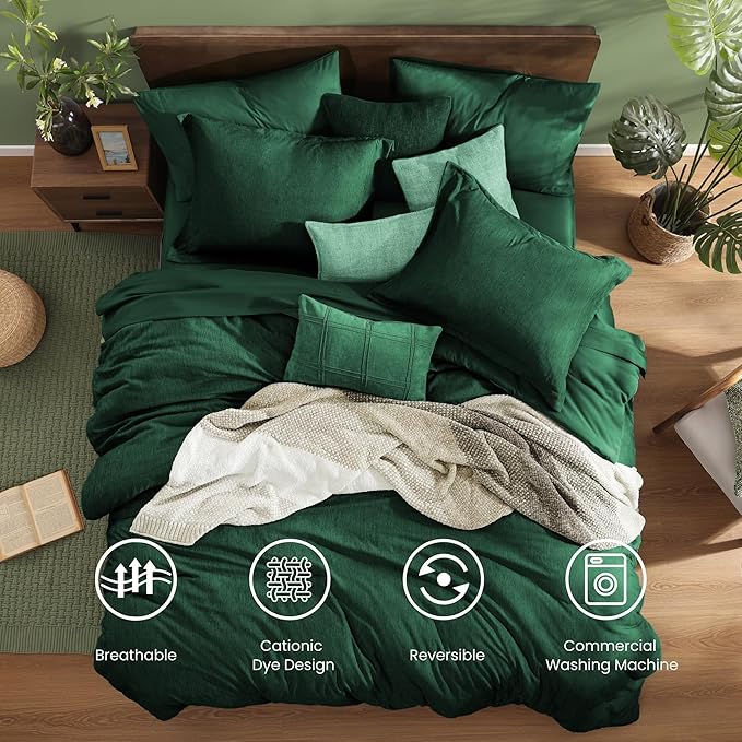 Monbix King Size Comforter Set, Emerald Green King Bedding Set Reversible, King Comforter Set 7 Pieces, Cationic Dyeing Bed in a Bag with Comforter, Sheets, Pillowcases & Shams