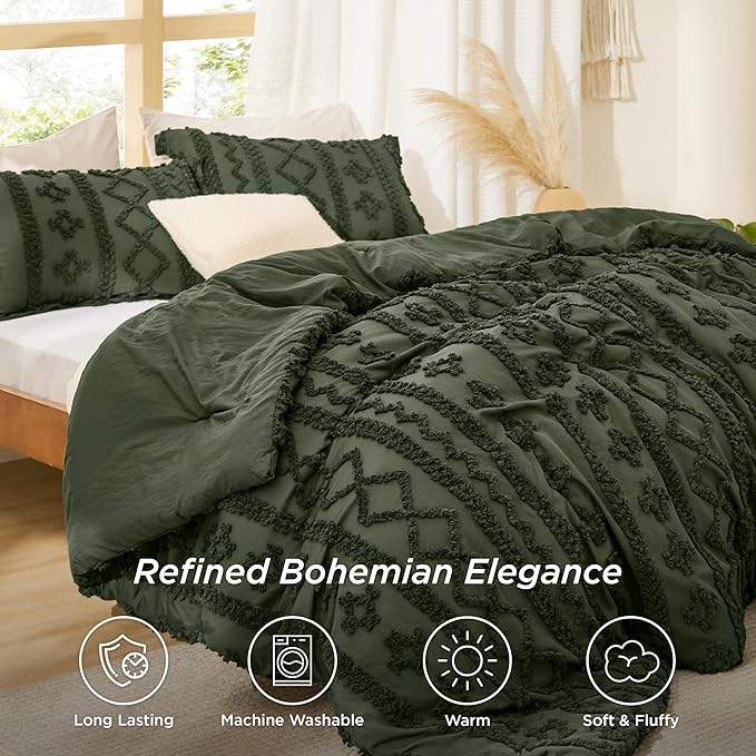 Bedsure Tufted Boho Comforter Set King Size - Olive Green Boho Bed Set, GentleSoft™ 3 Pieces Farmhouse Shabby Chic Embroidery Bedding, Gifts for Woman, Soft Jacquard King Comforter for All Seasons