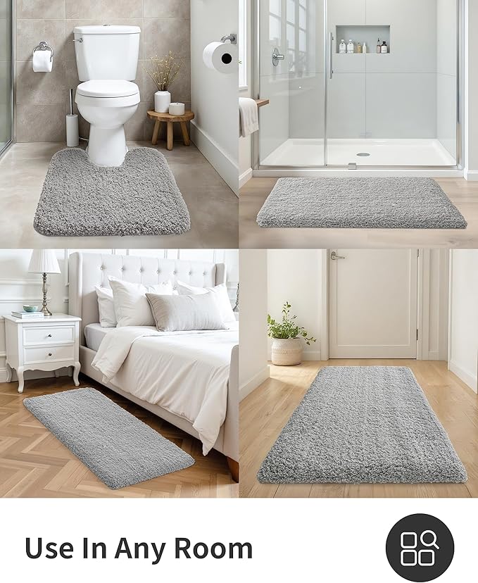 ILANGO Grey Bathroom Rugs 70" × 24" Non Slip & Super Absorbent Extra Thick Soft, Washable Bath Carpet Runner for Floor, Microfiber Plush Shaggy Bath Mats with Rubber for Bedroom Bathtub Shower Room