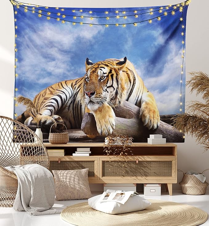 Ambesonne Savannah Tapestry, Tiger Sitting on Wood Clear Blue Sky Wildlife Morning Stripes Predator, Fabric Wall Hanging Decor for Bedroom Living Room Dorm, 28" X 23", Blue Mustard Black