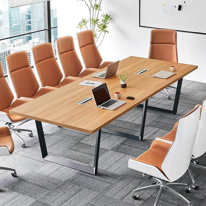 Sturdy Conference Table with Cable Management Grommets Modern Rectangle Office Meeting Table with Wood Tabletop and Metal Frame & Legs- Easy Assembly Boardroom Table (Natural, 10 Foot)