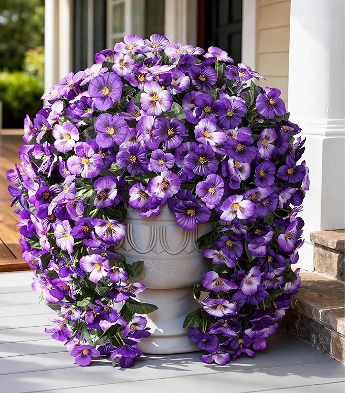 HyeFlora Artificial Flowers for Outdoors 2pcs Faux Silk Pansy Vines Lush UV Resistant Fake Hanging Flower Plants for Outside Porch Yard Patio Window Box (Mix Rose)