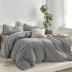 MooMee Striped Duvet Cover Set 100% Washed Cotton Linen Like Textured Breathable Durable Soft Comfy (Dark Grey White Wide Stripes, Oversized King Plus 128"x120")