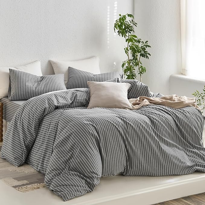 MooMee Striped Duvet Cover Set 100% Washed Cotton Linen Like Textured Breathable Durable Soft Comfy (Dark Grey White Wide Stripes, Oversized King Plus 128"x120")