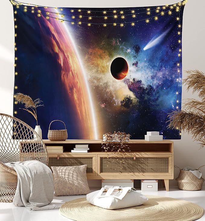 Ambesonne Outer Space Tapestry King Size, Comet Approaches Vibrant Planet Scientific Realities in Solar System World Scene, Wall Hanging Bedspread Bed Cover Wall Decor, 104" X 88", Blue Red