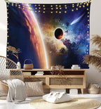 Ambesonne Outer Space Tapestry King Size, Comet Approaches Vibrant Planet Scientific Realities in Solar System World Scene, Wall Hanging Bedspread Bed Cover Wall Decor, 104" X 88", Blue Red