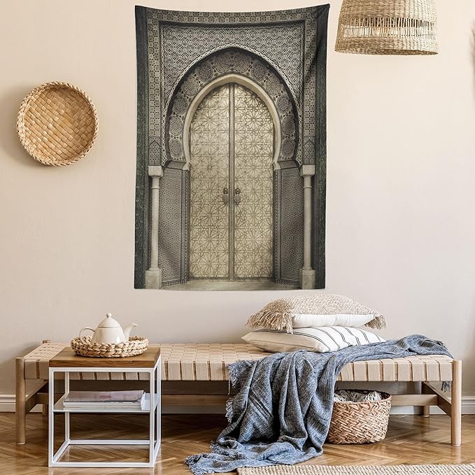 Ambesonne Moroccan Tapestry King Size, Aged Door Geometric Pattern Doorway Design Entrance Architectural Oriental Style, Wall Hanging Bedspread Bed Cover Wall Decor, 23" X 28", Sepia Black