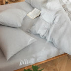 MooMee Striped Duvet Cover Set 100% Washed Cotton Linen Like Textured Breathable Durable Soft Comfy (Dark Grey White Pinstripes, Queen 90"x90")