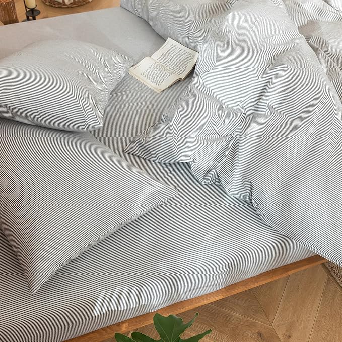 MooMee Striped Duvet Cover Set 100% Washed Cotton Linen Like Textured Breathable Durable Soft Comfy (Dark Grey White Pinstripes, King 104"x90")