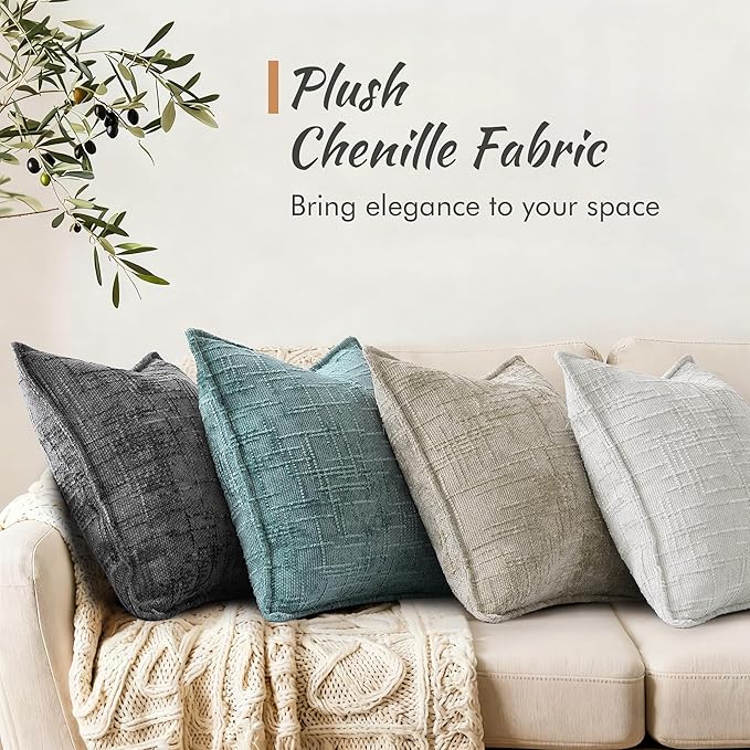 decorUhome Chenille Throw Pillow Covers 20x20 Set of 2, Thick Textured Slubby Neutral Decorative Pillow Covers with Elegant Design for Couch, Sofa, Living Room, Light Grey