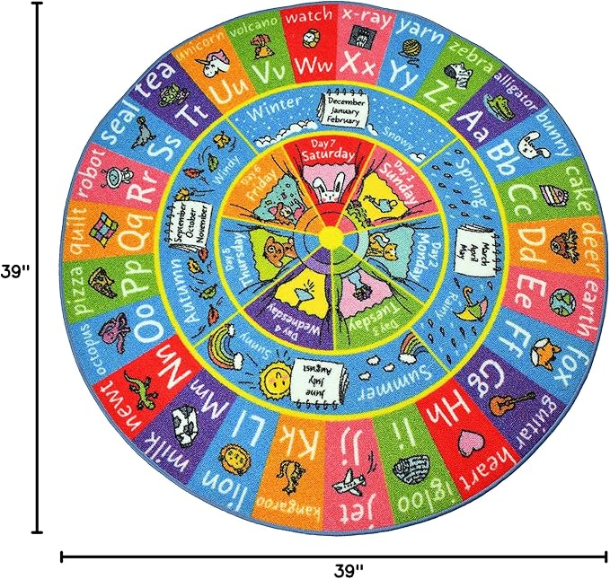 KC Cubs Educational Kids Rug – ABC Alphabet, Seasons, Months & Days Learning Mat – Soft Interactive Carpet for Classroom, Playroom & Bedroom 3x3 Round