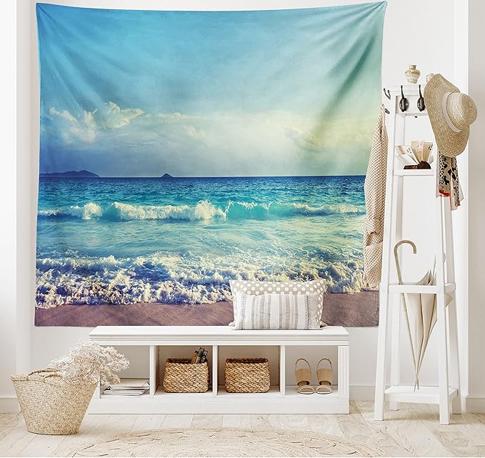 Ambesonne Tropical Island Tapestry, Ocean Waves on Seychelles Beach at the Sunset Time Skyline, Wide Wall Hanging for Bedroom Living Room Dorm, 60" X 40", Turquoise Sky Blue Umber
