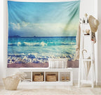 Ambesonne Tropical Island Tapestry, Ocean Waves on Seychelles Beach at the Sunset Time Skyline, Wide Wall Hanging for Bedroom Living Room Dorm, 60" X 40", Turquoise Sky Blue Umber
