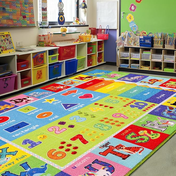 ABC Kids Rug, Kids Carpet for Playroom, Classroom Carpet with Anti-Slip Back, Educational Preschool Rugs with ABC, Numbers, Animals Colors, Shapes, Extra Large Thick (Style 5, 9'8" x 6'5")