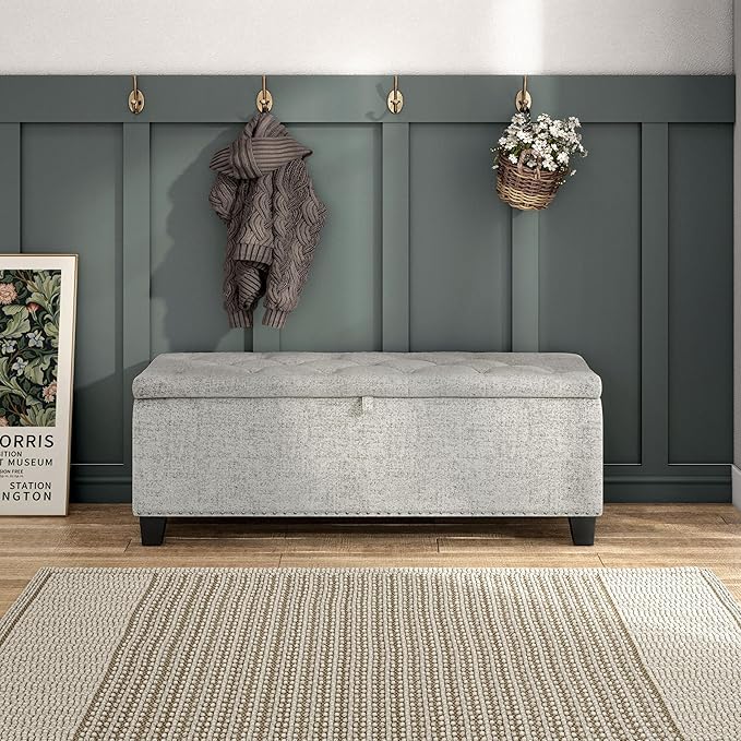 24/7 Shop at Home Sacallant Modern Linen Storage Bench with Button-Tufted Lift-Top, Upholstered Footstool, Rectangular Ottoman for Living Room, Bedroom, Entryway, Off White
