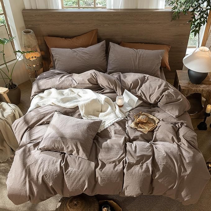MooMee Wavy Striped Duvet Cover Set 100% Washed Cotton Linen Like Textured Breathable Durable Soft Comfy (Brown, Super King 108"x98")
