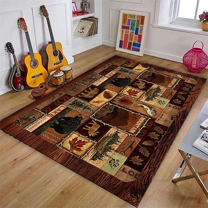 Cabin Collection Rug Vintage Southwestern Nature Landscape and Wild Animals Design Area Rugs Contemporary Geometric Stitching Carpets Bordered by Wooden Barn for Dining Room Laundry Bedsides, 2x5ft
