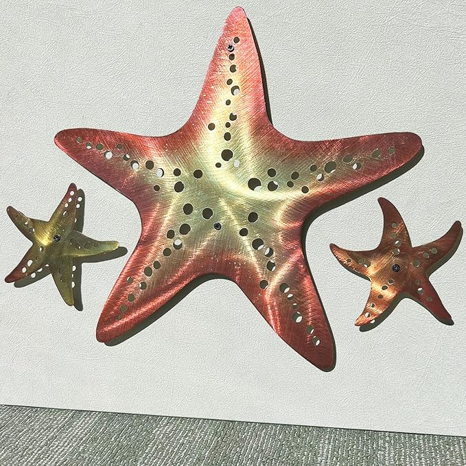 LiveInUrban Coastal Wall Art Starfish Metal Wall Sculptures, Ocean Beach Themed Metal Hanging Home Decoration 3PCS 15.6"x12.7"
