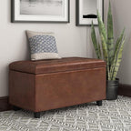 SIMPLIHOME Cosmopolitan Storage Ottoman - 34 inch Wide Upholstered Vegan Leather Rectangle Storage Ottoman Bench in Distressed Saddle Brown, Transitional Tufted Ottoman for Entryway with Lift-Up Lid