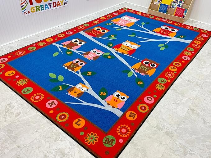 KIDCARPET.COM Hoot Hoot Owls Rectangle Classroom Rug | Bordered Area Rug for Preschool Daycare Learning, 4' x 6'