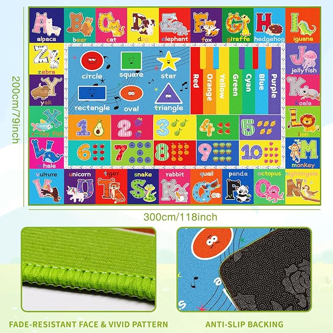 ABC Carpet, Kids Rugs for Playroom, Educational Play Mat for Kids, Preschool Rugs with ABC, Numbers, Animals Learning Carpet for Bedroom Playroom Classroom Baby Toddler Children (Blue, 118X78.7 INCH)