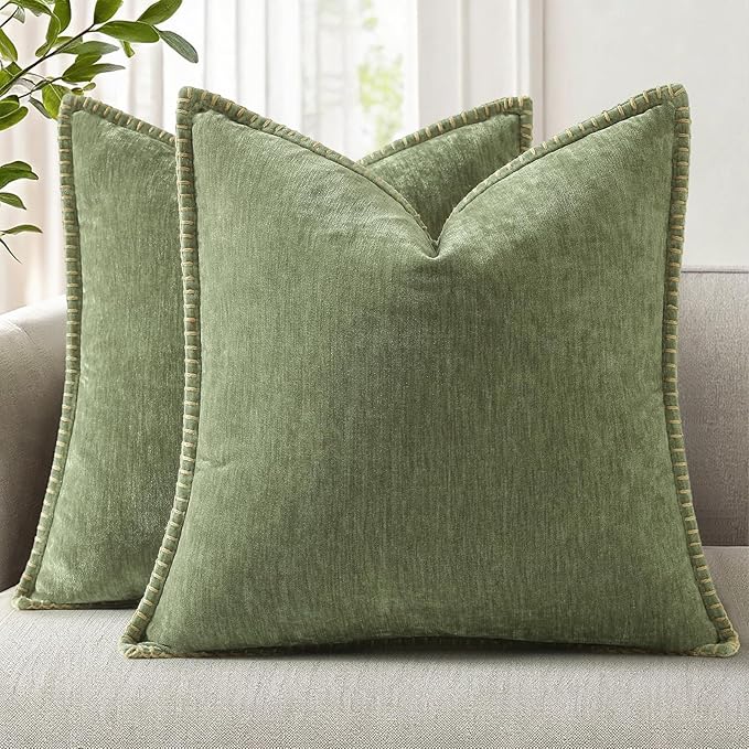decorUhome Spring Chenille Soft Cozy Throw Pillow Covers 24x24 Set of 2, Modern Farmhouse Boho Velvet Decorative Euro Sham Pillow Cases with Stitched Edge for Couch Sofa Bed Home Decor, Olive Green