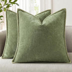 decorUhome Spring Chenille Soft Cozy Throw Pillow Covers 16x16 Set of 2, Modern Farmhouse Boho Velvet Decorative Pillow Cases with Stitched Edge for Couch Sofa Bed Home Decor, Olive Green