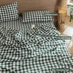 MooMee Gingham Duvet Cover Set 100% Washed Cotton Linen Like Textured Breathable Durable Soft Comfy Modern Checkered Design (Buffalo Plaid Forest Green, Oversized Full 82"x86")
