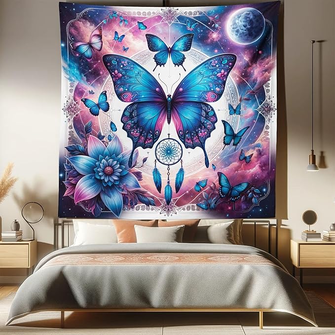 Ambesonne Boho Tapestry Queen Size, Astral Dream in Outer Space with Fantasy Butterfly Dreamcatcher Moon, Wall Hanging Bedspread Bed Cover Wall Decor, 88" X 88", Pale Pink Sky Blue Indigo