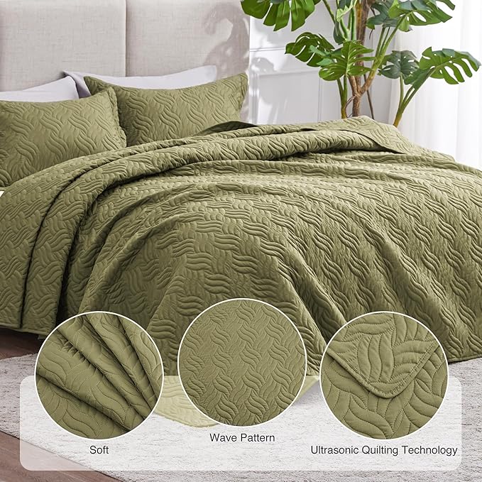 Love's cabin Quilts for Full Bed Olive Green Bedspreads Bedding Set - Lightweight Bedspread Comforter - Wave Pattern Bedding Coverlet for All Season - 3 Pieces (1 Quilt, 2 Pillow Shams)