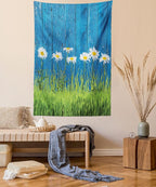 Ambesonne Flower Tapestry, Fresh Springtime Grass and Daisy on Fence Summer Simple Vintage Style Print, Fabric Wall Hanging Decor for Bedroom Living Room Dorm, 23" X 28", Blue and Green