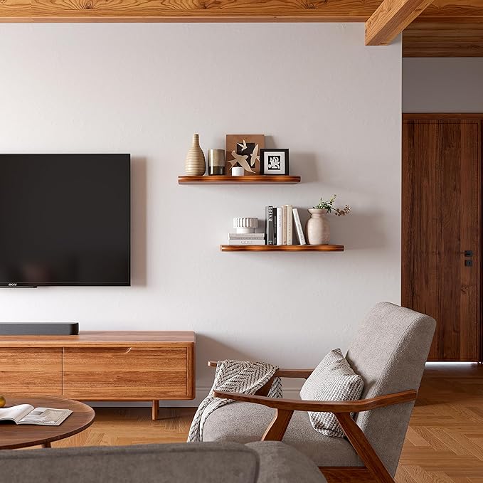 24inch Walnut Floating Shelves for Wall,Luxury Rustic Solid Wood Shelf Bracket for Room Decor/Storage/Display,Wall Mounted Hanging Shelves for Bedroom,Living Room, Set of 2