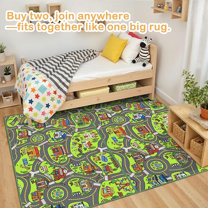 Upgrade Ultra Non Slip Kids Car Rug, Kids Road Playmat Rug for Toy Cars, Educational Town City Map Washable Carpet for Boys Playroom Bedroom, Safer Car Track Play Mat for Children Toddler, 100"x60"