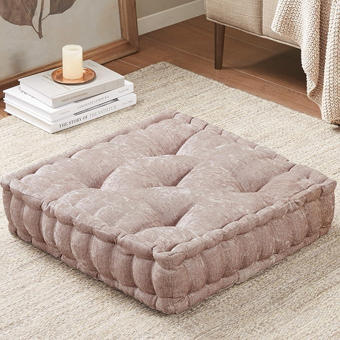 Intelligent Design Azza Floor Pillow, Large Cushions Sitting for Adults, Floor Pillow for Meditation or Yoga, Lustrous Chenille Tufted with Scalloped Edges for Bench/Chair Cushion, 20"x20"x5" Blush