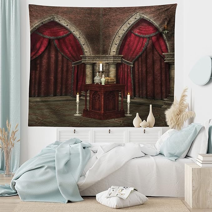 Ambesonne Gothic Tapestry, Mysterious Dark Room in Castle Pillars Candles Atmosphere Pattern, Wide Wall Hanging for Bedroom Living Room Dorm, 80" X 60", Red Black