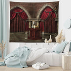 Ambesonne Gothic Tapestry, Mysterious Dark Room in Castle Pillars Candles Atmosphere Pattern, Wide Wall Hanging for Bedroom Living Room Dorm, 80" X 60", Red Black