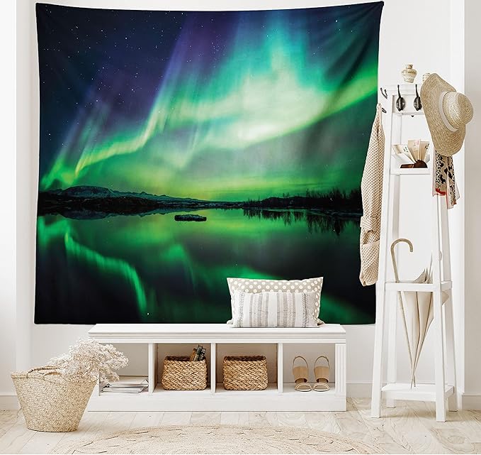 Ambesonne Iceland Tapestry, Aurora Borealis View over Lake Thingvellir National Park Nature Print, Fabric Wall Hanging Decor for Bedroom Living Room Dorm, 28" X 23", Sea Green and Night Blue