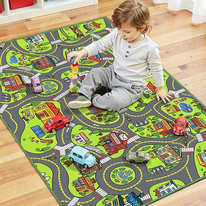 Upgrade Ultra Non Slip Kids Car Rug, Kids Road Playmat Rug for Toy Cars, Educational Town City Map Washable Carpet for Boys Playroom Bedroom, Safer Car Track Play Mat for Children Toddler, 100"x60"