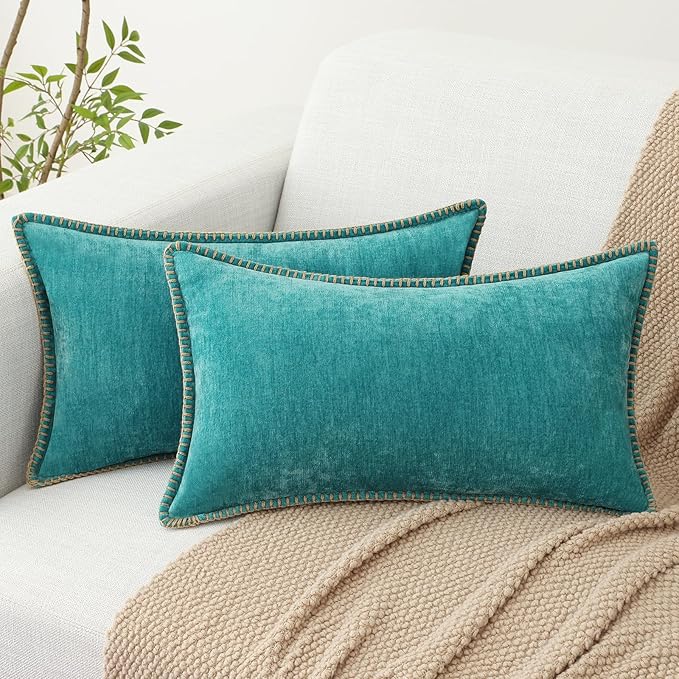 decorUhome Spring Chenille Soft Cozy Throw Pillow Covers 12x20 Set of 2, Modern Farmhouse Boho Velvet Decorative Pillow Cases with Stitched Edge for Couch Sofa Bed Home Decor, Turquoise