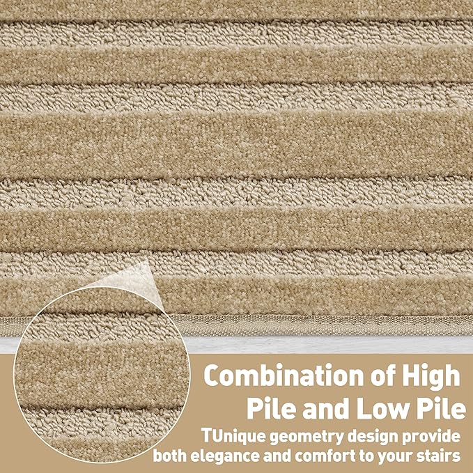 PURE ERA Bullnose Carpet Stair Treads Set Tape Free Non-Slip Indoor Stair Protectors Pet Friendly Rugs 9.5" x 30"(14 Pieces,Khaki Rectangular)