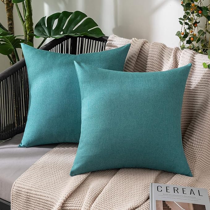 MIULEE Pack of 2 Decorative Outdoor Solid Waterproof Throw Pillow Covers Euro Sham Faux Linen Garden Farmhouse Coastal Cushion Cases for Summer Patio Tent Balcony Couch Sofa 22x22 Inch Turquoise