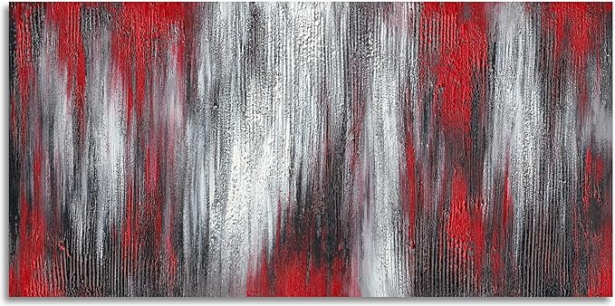 MyArton Textured Red Black White Abstract Canvas Wall Art Hand Painted Modern Decoration Oil Painting Picture Framed Ready to Hang 48x24inch for Living Room Bedroom Office Decor
