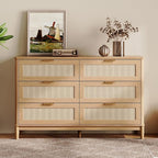 LINSY HOME Rattan Dresser with 6 Deep Drawers, 47" Wide Long Chest of Drawers, Mid Century Modern Tall Dresser, Large Wood Boho Storage Cabinet for Bedroom with Metal Handle and Durable Legs, Oak