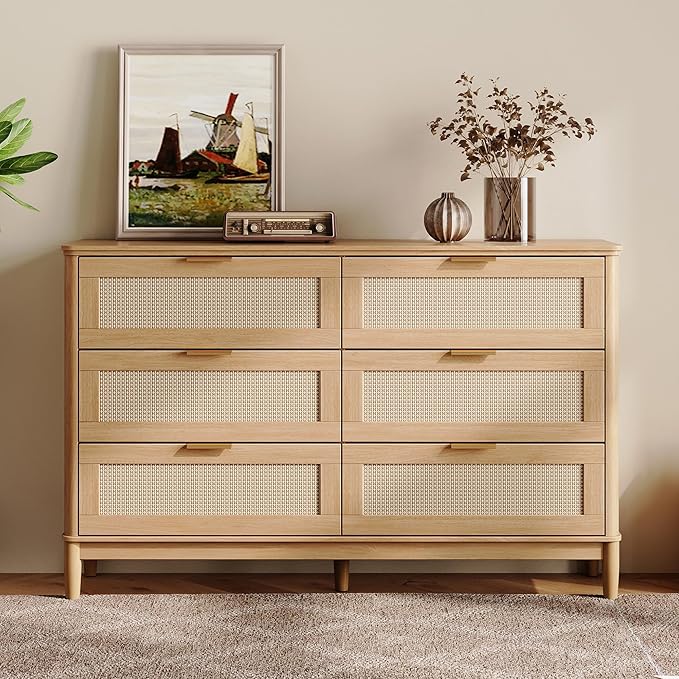 LINSY HOME Rattan Dresser with 6 Deep Drawers, 47" Wide Long Chest of Drawers, Mid Century Modern Tall Dresser, Large Wood Boho Storage Cabinet for Bedroom with Metal Handle and Durable Legs, Oak