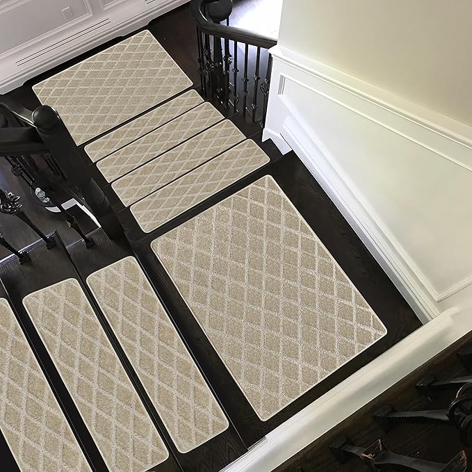PURE ERA Carpet Stair Treads Tape Free Non Slip Indoor Stair Carpet Stair Protectors Pet-Friendly Non-Slip Skid Resistant Washable Reusable 8" x 30"(2 Pieces,Cream Gray Diamond Trellis)