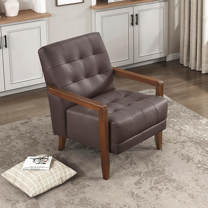 Lexicon Modern Accent Chair, Luxury Genuine Leather Match Living Room Chair with Tufted Cushions, Solid Wood Frame and Arm Rest, Comfy Upholstered Single Seat for Bedroom/Reading/Office, Dark Brown